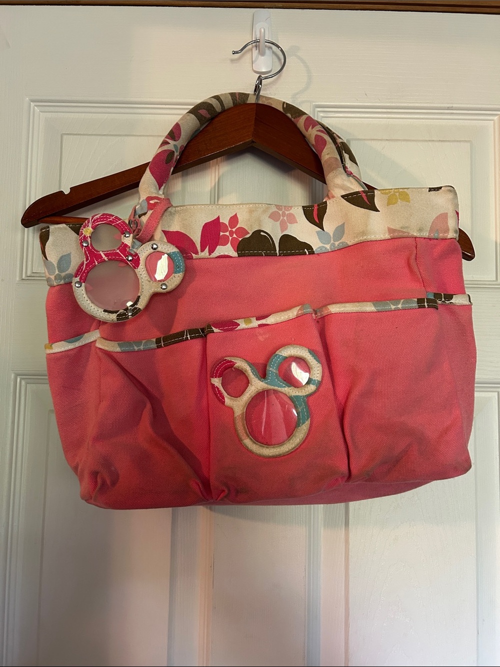 Vintage Disney Pink Floral-Trim Shoulder Tote with Mickey Mouse Bag Charm